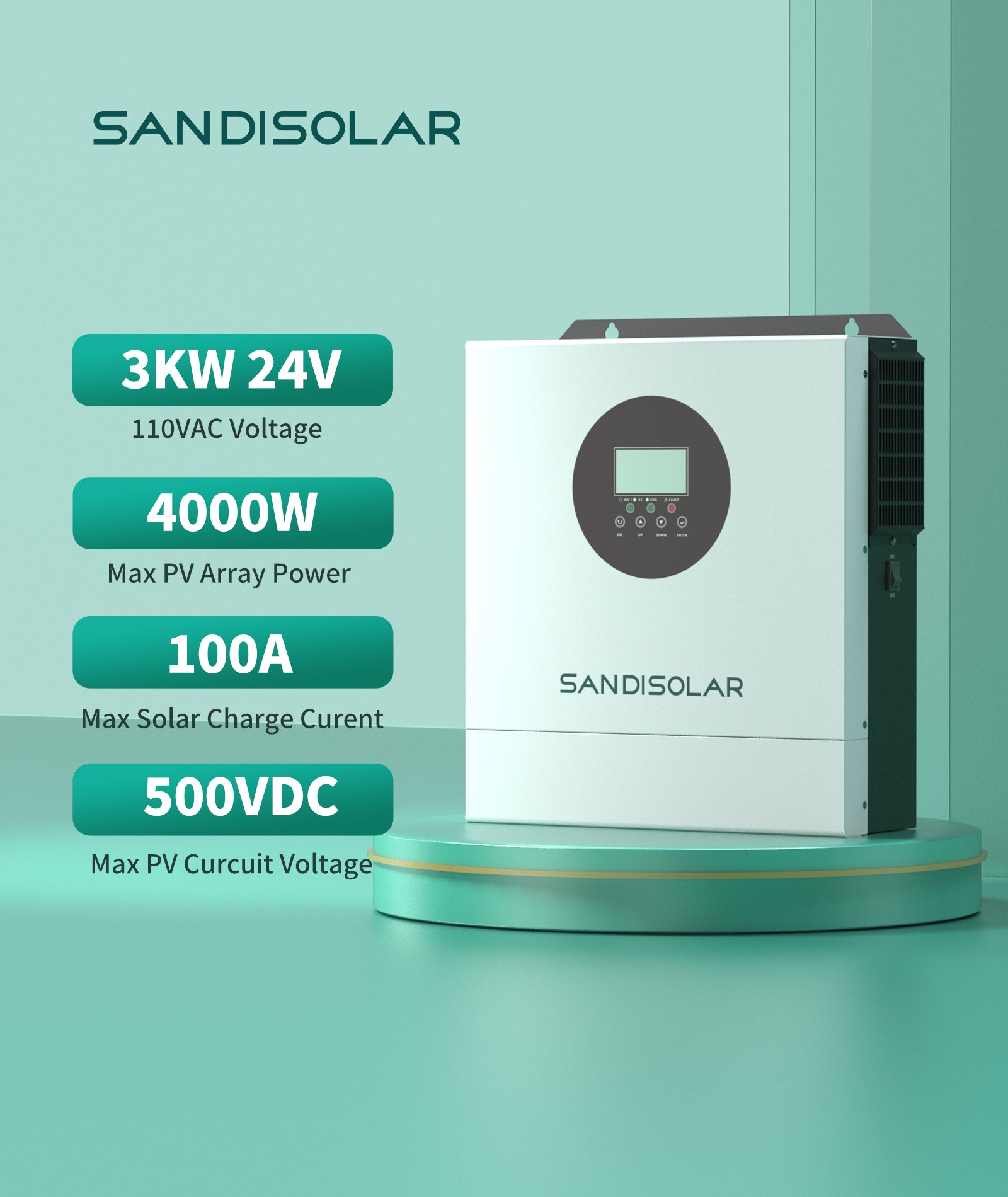 SANDISOLAR 3kW 24V Off-Grid Solar Inverter with Built-in 100A MPPT and
