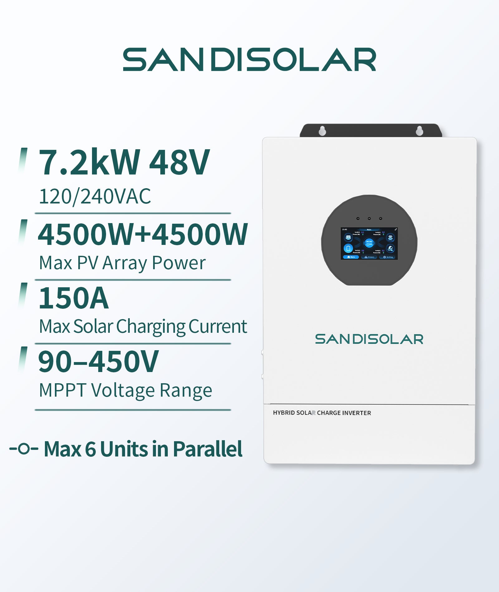 SANDISOLAR 7.2KW Hybrid Inverter 120V/240V Split Phase with Parallel F